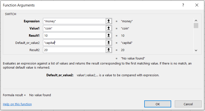 Result in the dialog box when no values are found